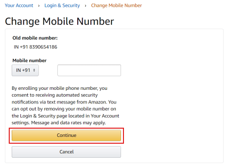 Immettere un nuovo numero di cellulare e fare clic su Continua.