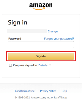 アマゾンのパスワードを入力し、サインインをクリックします。