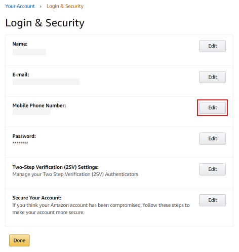 Faceți clic pe butonul Editare de lângă Număr de telefon mobil | conectați-vă la Amazon dacă vă schimbați numărul de telefon | ocoliți verificarea Amazon OTP