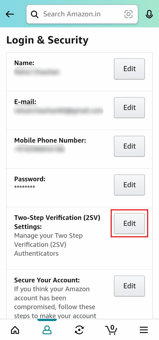 Toque el botón Editar junto a Configuración de verificación en dos pasos (2SV).