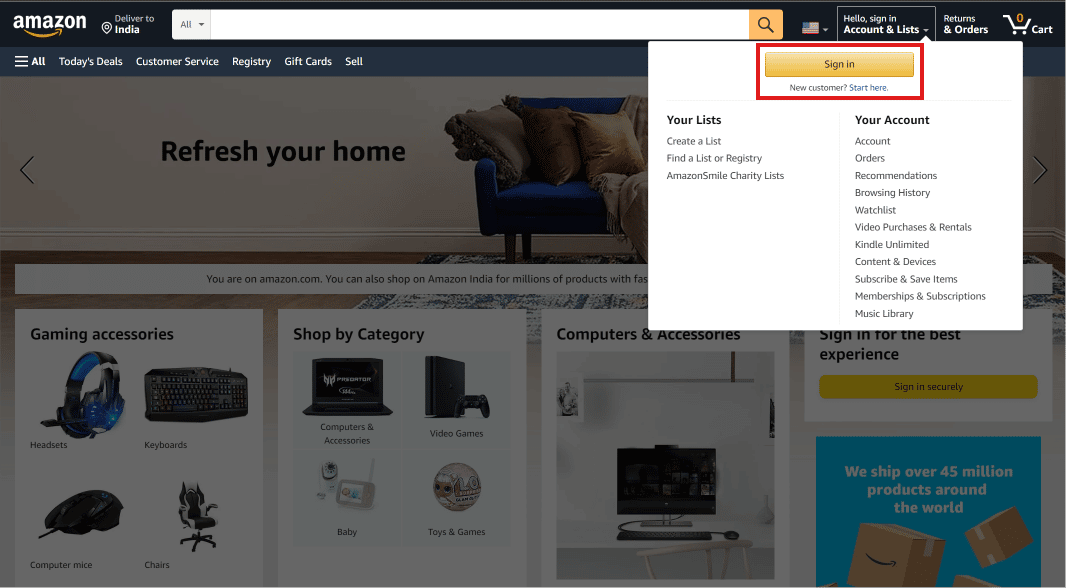 Passa il mouse su Account ed elenchi e fai clic su Accedi. | accedi ad Amazon se cambi il tuo numero di telefono