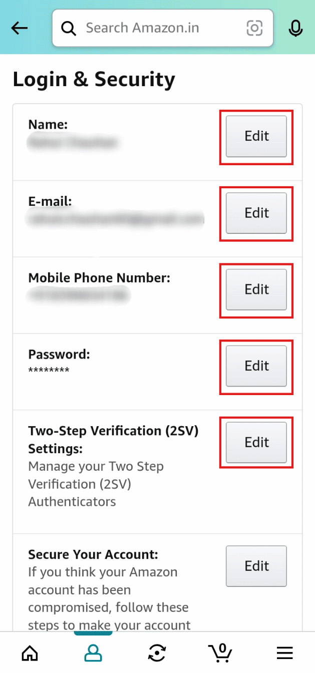 Tocca Modifica accanto a Nome, E-mail, Numero di cellulare, Password e Verifica in due passaggi per modificare i dettagli dell'account.