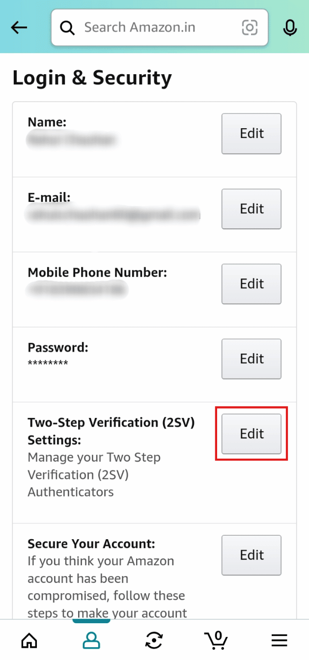 Toque el botón Editar junto a Configuración de verificación en dos pasos (2SV) | Cómo cambiar el número de teléfono en Amazon | inicia sesión en Amazon si cambias tu número de teléfono | omitir la verificación de Amazon OTP