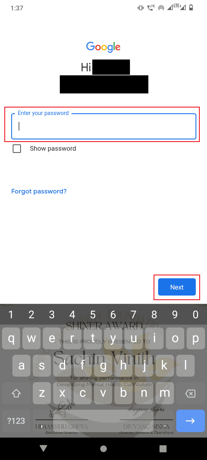 inserisci password e tocca Avanti