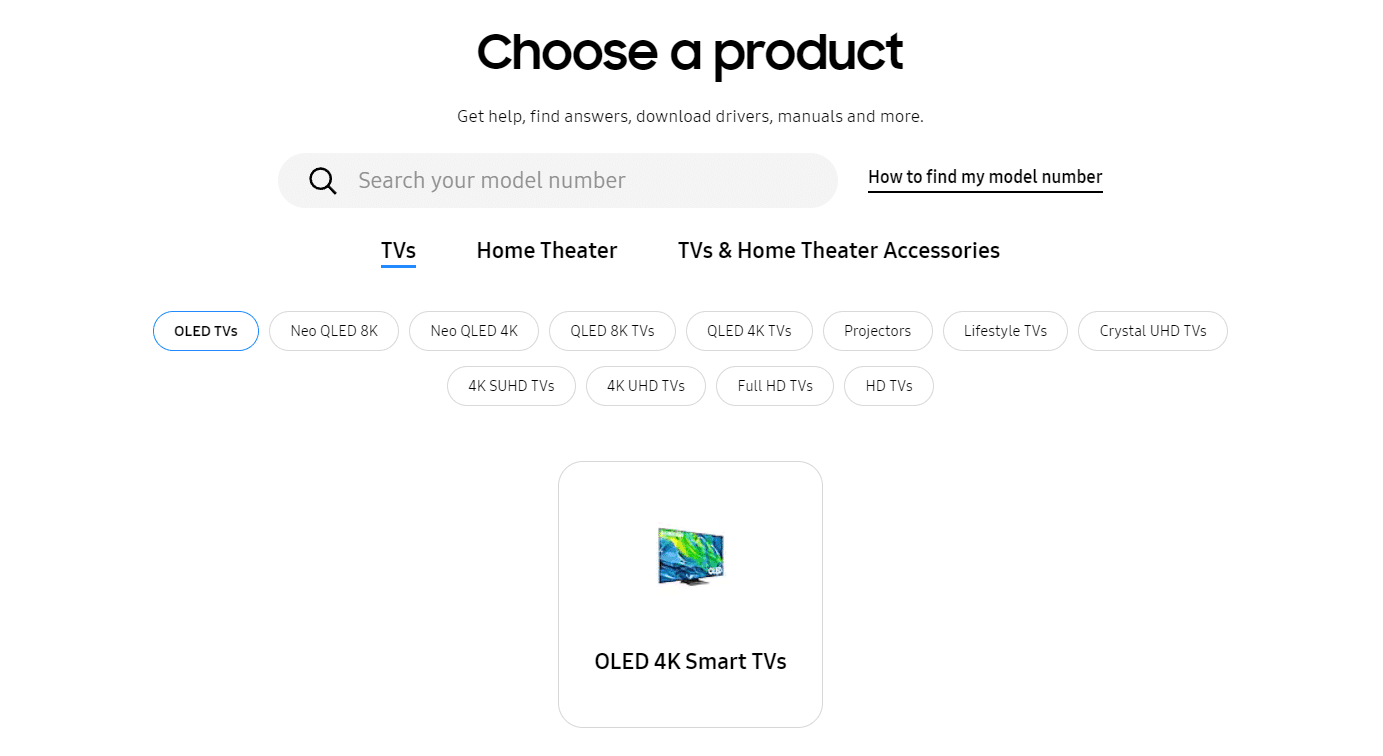 Samsung ダウンロード センター ページを開き、テレビのモデルを選択します。スマートテレビが Wi-Fi に接続しない