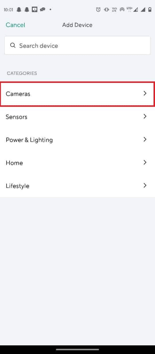 Toque la pestaña Cámaras en la sección CATEGORÍAS. Solucionar el error 07 de Wyze en Android