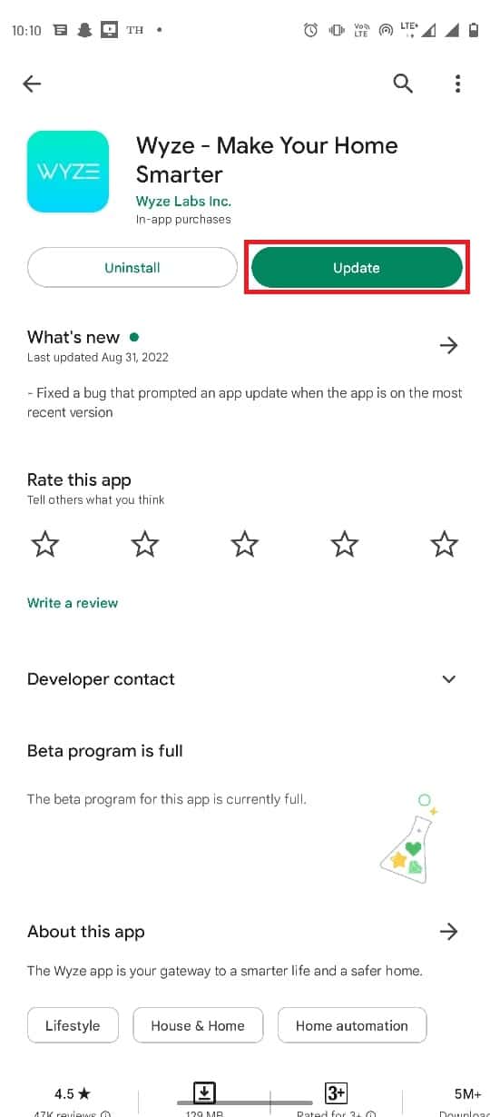 Ketuk tombol Perbarui untuk menginstal pembaruan terbaru. Perbaiki Kesalahan Wyze 07 di Android