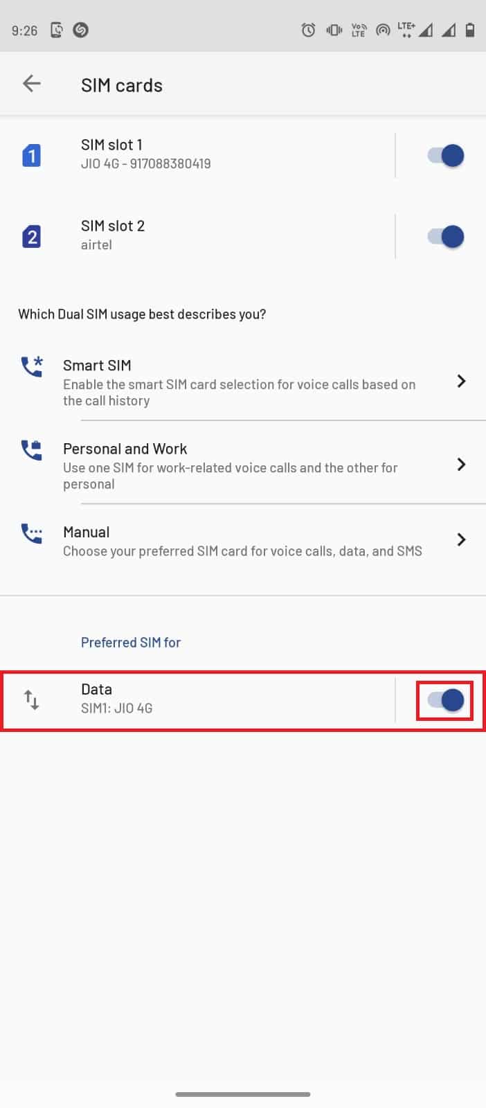 Active el interruptor de Datos para iniciar los datos móviles en su red móvil preferida. Solucionar el error 07 de Wyze en Android