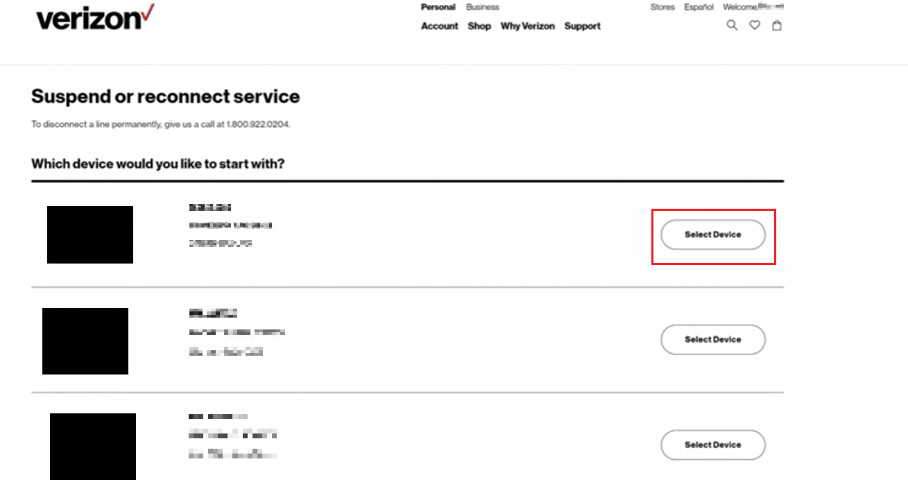 Clique em Selecionar dispositivo para o telefone desejado | Como você pode remover uma linha do seu plano Verizon