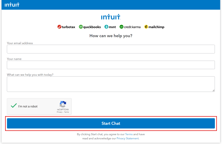 Digite seu e-mail, nome e sua consulta e clique em Iniciar bate-papo para se conectar ao suporte do mint.