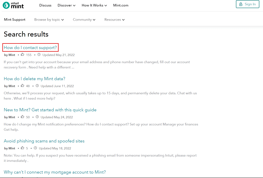 Faceți clic pe primul subiect care este Cum pot contacta asistența | Cum să eliminați un cont din Mint