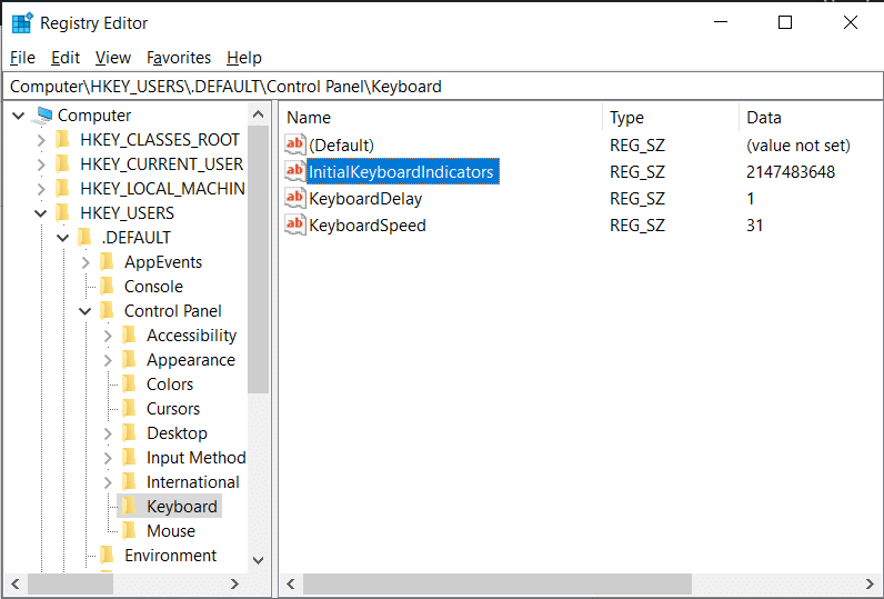 Passa alla tastiera nell'Editor del Registro di sistema in HKEY_USERS