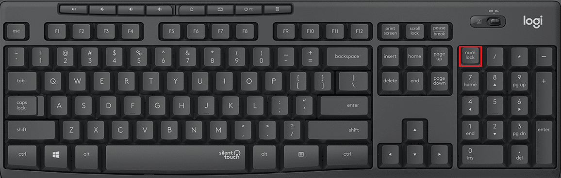 activați Num Lock pe tastatura Logitech apăsând tasta Num Lock din partea dreaptă, deasupra tastaturii numerice | Cum să dezactivezi Blocarea numărului tastaturii Logitech