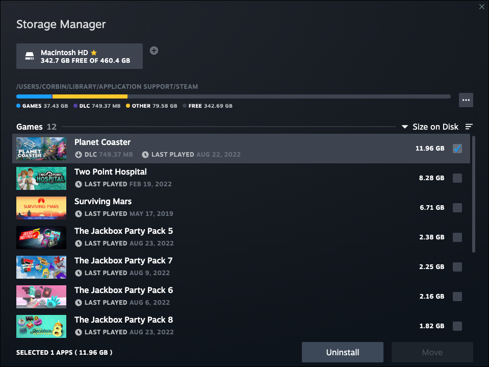 Imagine Steam Storage Manager cu mai multe jocuri listate