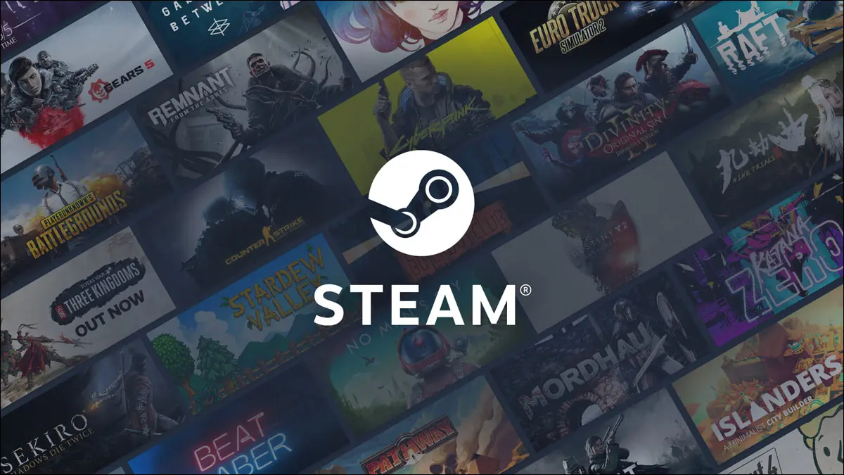 Das Steam-Logo über einer Collage aus Spielcovern.