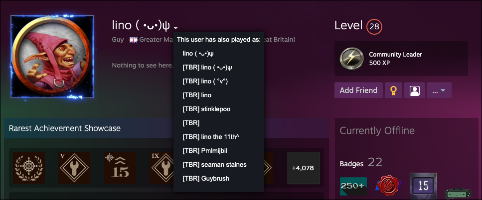 Perfil Steam com histórico de nomes