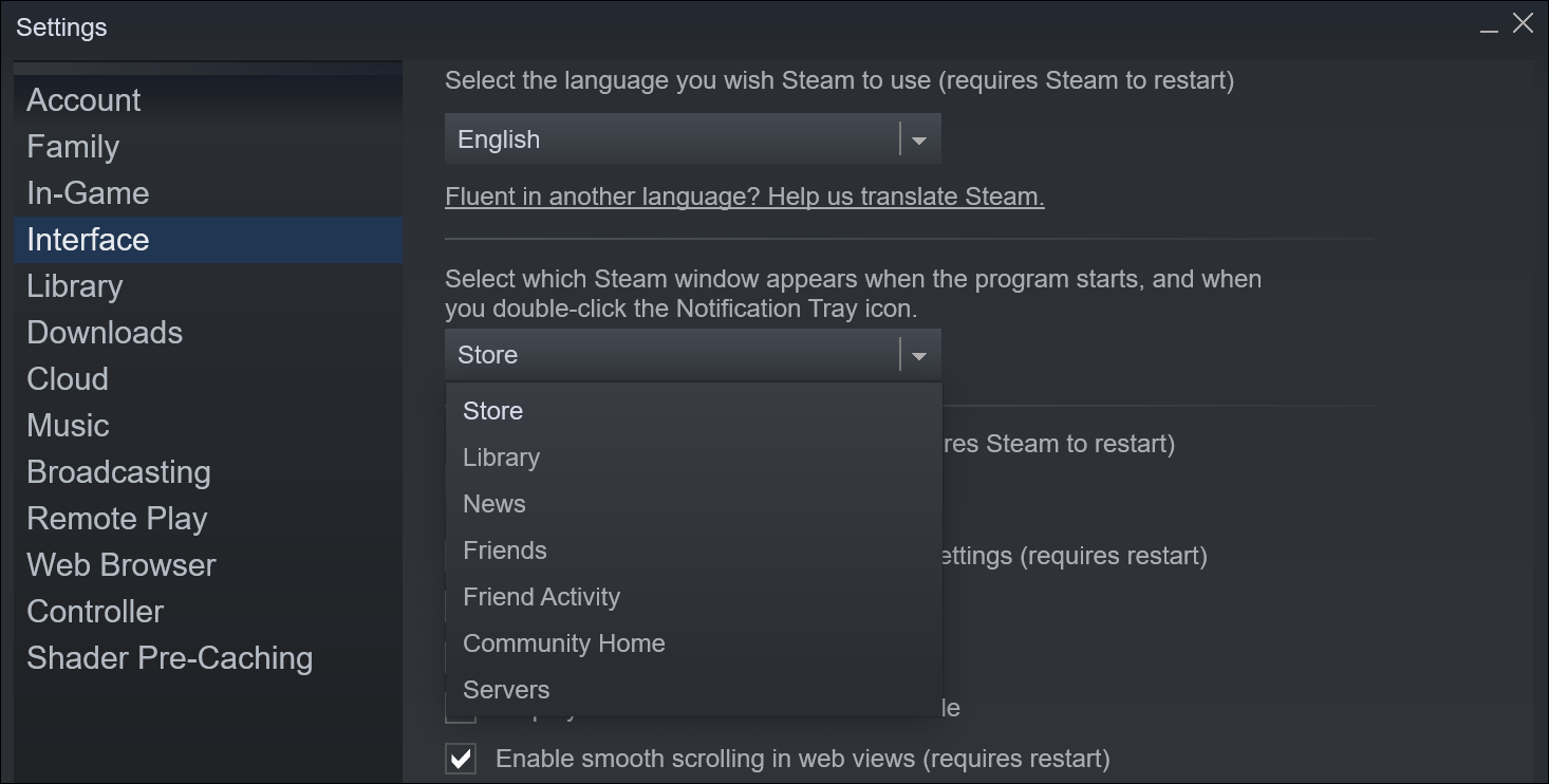 immagine del menu a tendina nelle impostazioni dell'interfaccia di Steam