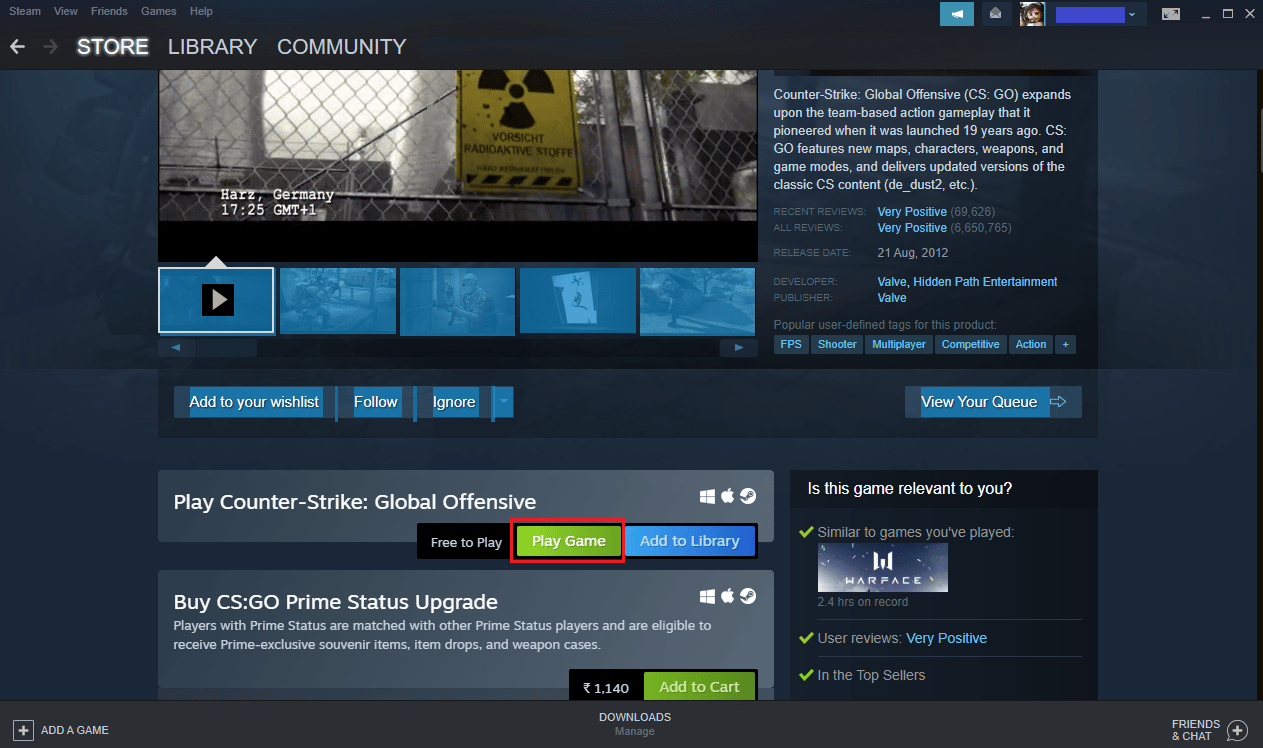 kliknij opcję Graj w grę na stronie Steam CS GO