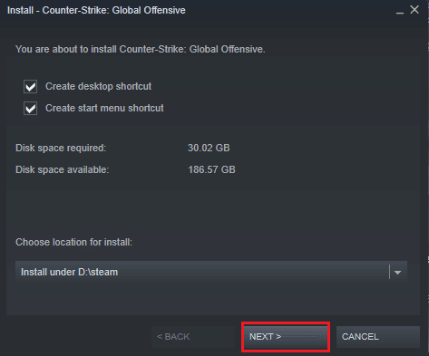 haga clic en Siguiente para instalar el juego Counter Strike Global Offensive CS GO. Arreglar la configuración de video de CS GO que no guarda el error