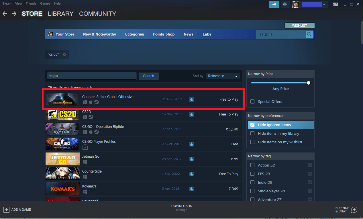 cerca cs vai nell'app di Steam. Correggi l'errore delle impostazioni video CS GO che non salvano