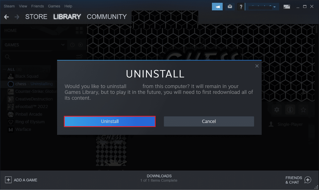 คลิกที่ตัวเลือกถอนการติดตั้งเพื่อถอนการติดตั้งเกมใน Steam