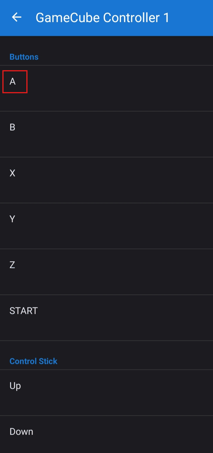 Toque la A y presione el botón del controlador para configurarlo, haga esto para cada botón para configurar su controlador.