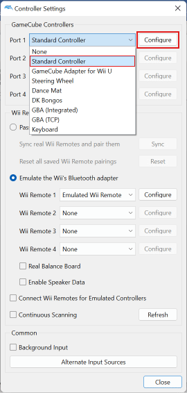 Port の横のオプションから、Standard Controller を選択し、Configure をクリックします。