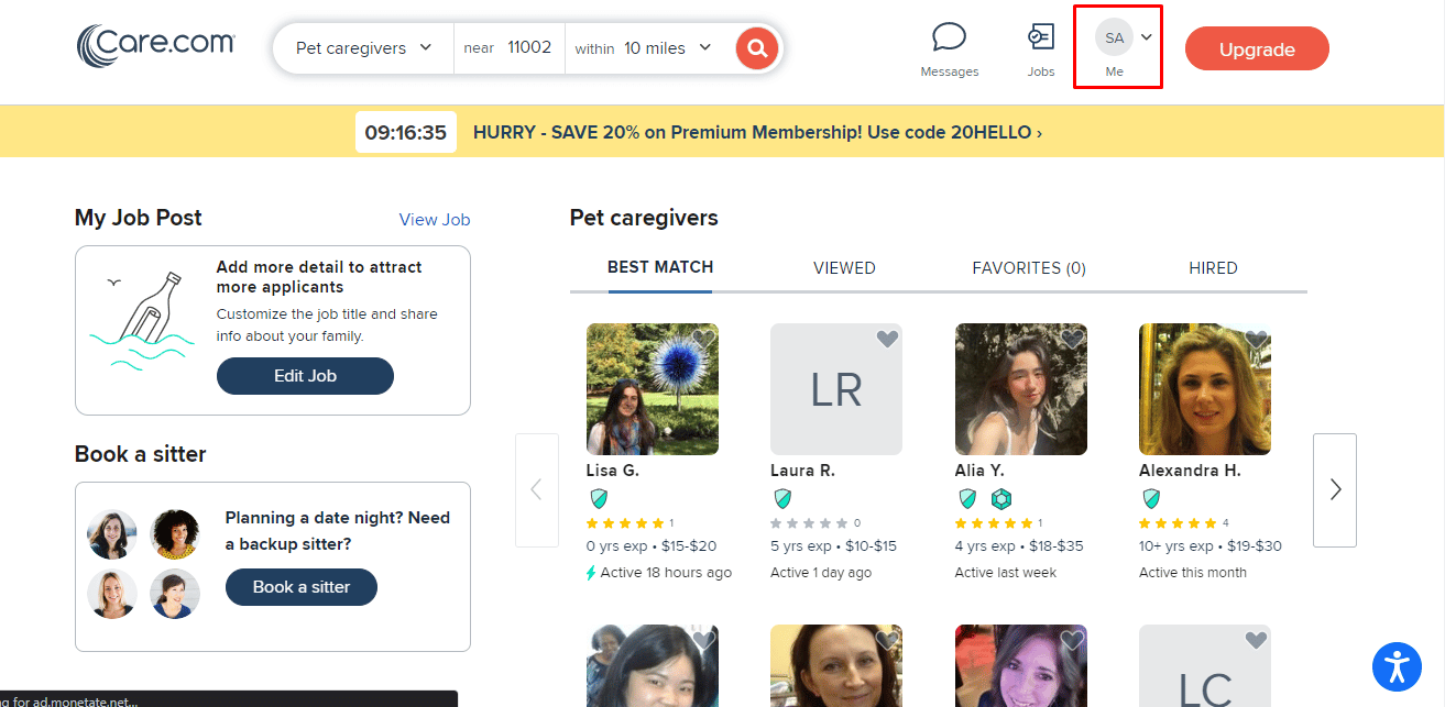 Cliquez sur l'icône Profile Pic dans le coin supérieur droit de votre écran pour ouvrir le menu déroulant principal du compte. | masquer votre profil sur Care.com