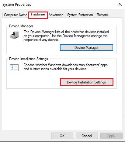 Passare alla scheda Hardware e fare clic sul pulsante Impostazioni di installazione del dispositivo