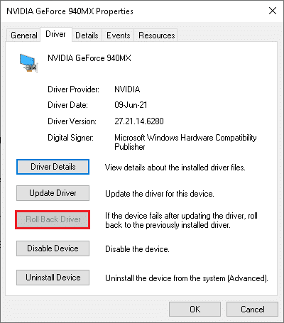 Cambie a la pestaña Controlador y seleccione Retroceder controlador. Corrección que actualmente no usa la pantalla adjunta al problema de escritorio NVIDIA GPU