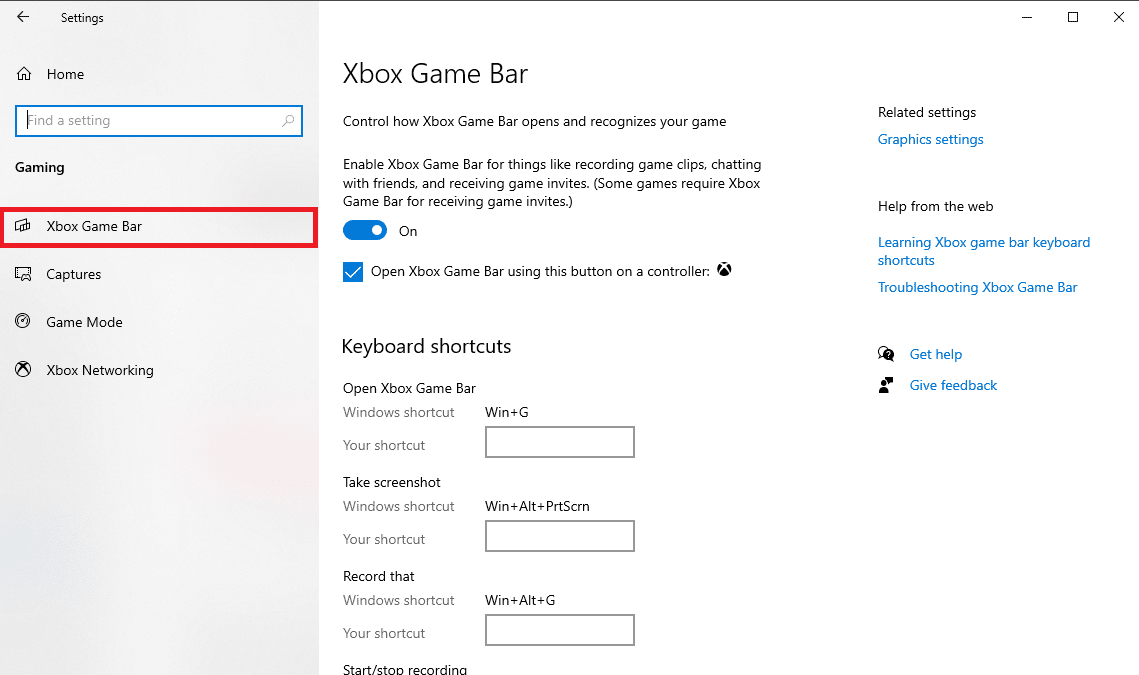 انقر فوق Xbox Game Bar. إصلاح Gears of War 4 لا يتم تحميله في نظام التشغيل Windows 10