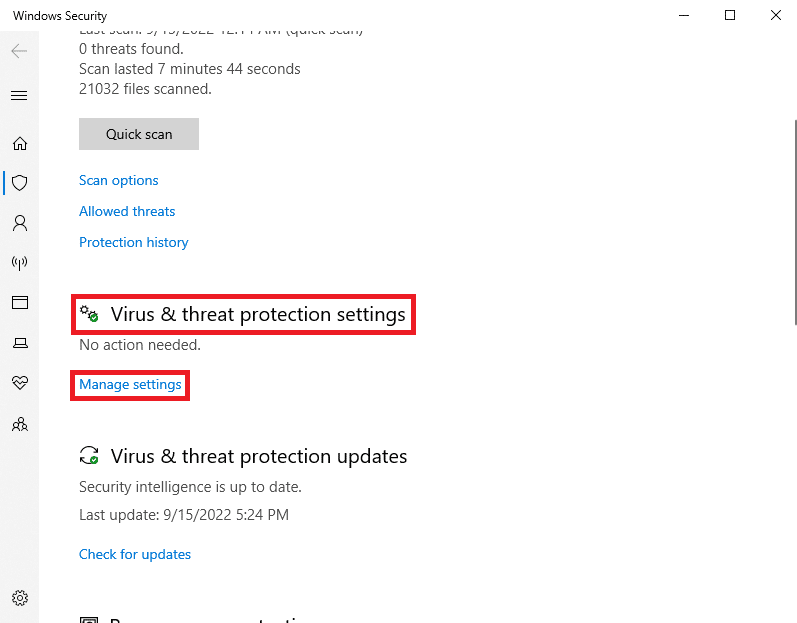 Sub opțiunea Protecție împotriva virușilor și amenințărilor, faceți clic pe Gestionați setările