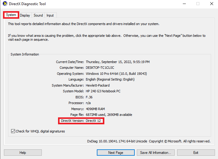 Verificați versiunea DirectX în fila Sistem