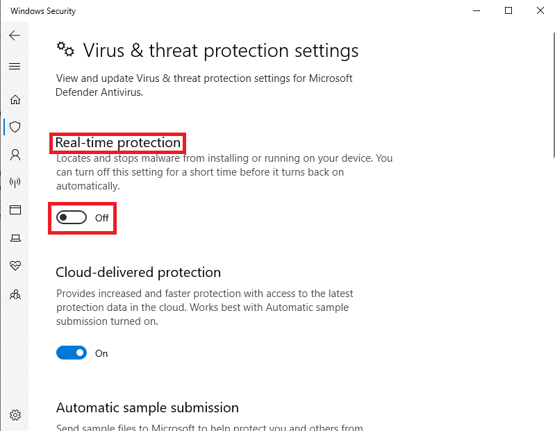 Desligue a alternância para proteção em tempo real. Corrigir Gears of War 4 não carregando no Windows 10