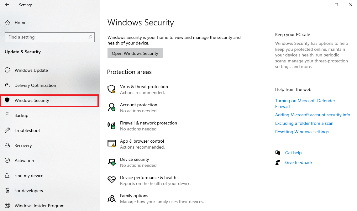 haga clic en Seguridad de Windows. Arreglar Gears of War 4 que no se carga en Windows 10