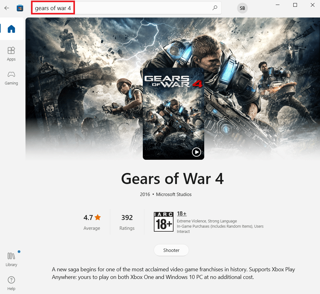 Busque el juego Gears of War 4 en la barra de búsqueda y haga clic en Instalar