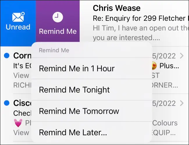 Deslice el dedo hacia la derecha para recibir recordatorios de correo en iOS 16