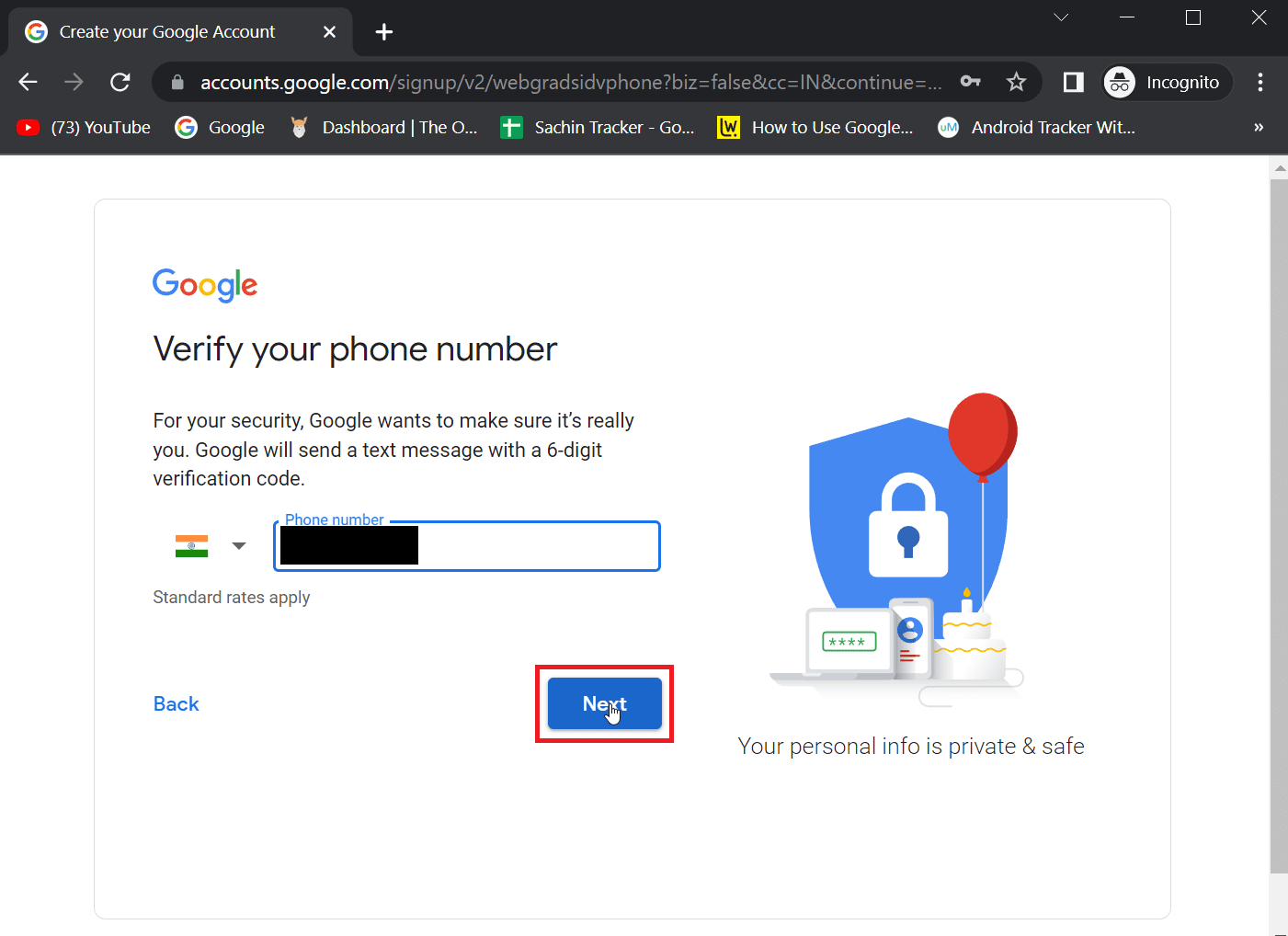 Digite um número de telefone para permitir que o Google verifique sua identidade e clique em Avançar