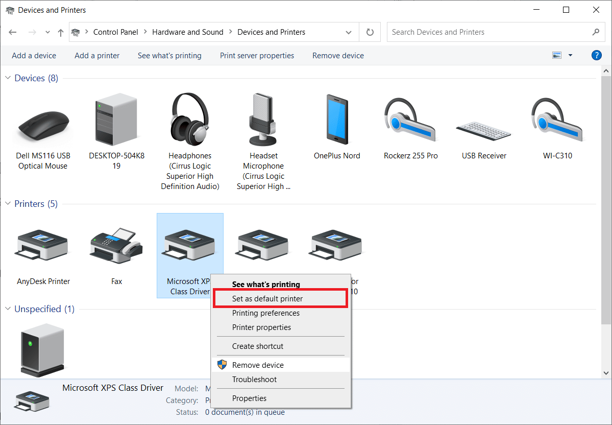 Varsayılan yazıcı olarak ayarla'yı seçin. Windows 10'da Yazıcı Yükleme Sorunlarını Düzeltin