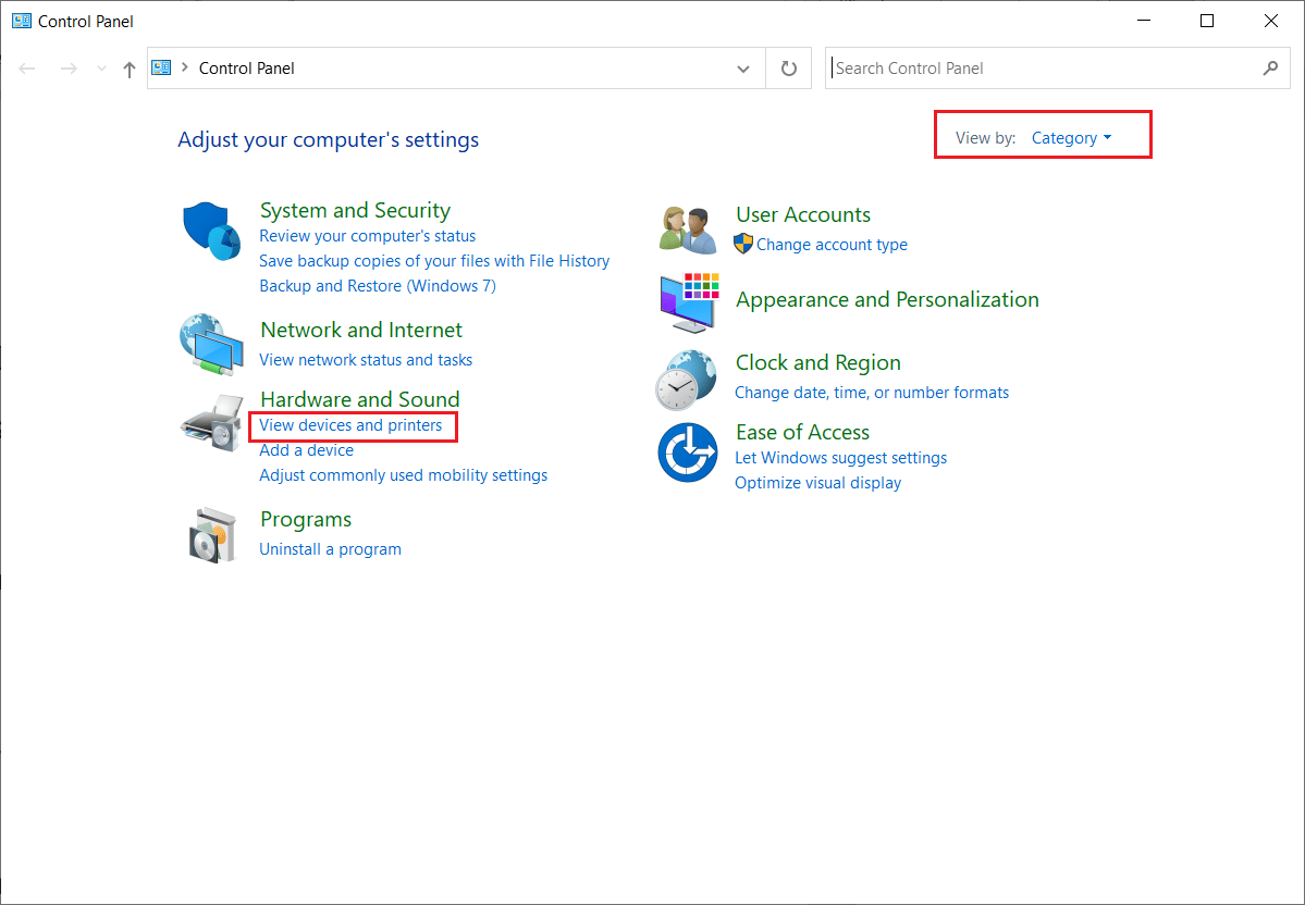 Imposta Visualizza per come categoria e fai clic su Visualizza dispositivi e stampanti. Fix Windows Update non può ottenere l'elenco dei dispositivi Problema