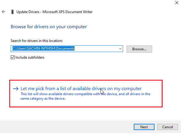 klik Biarkan saya memilih dari daftar driver yang tersedia di komputer saya