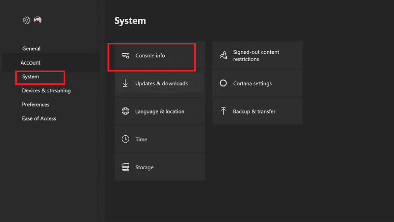 selectați informațiile consolei. Remediați codul de eroare Xbox 0x87af000d