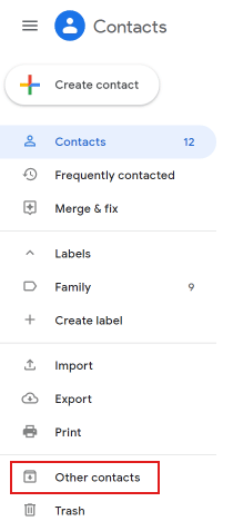 Haga clic en Otros contactos de las opciones en el panel izquierdo. | Cómo eliminar direcciones de correo electrónico de Gmail Autocompletar en Android | eliminar sugerencias de correo electrónico de la aplicación Gmail