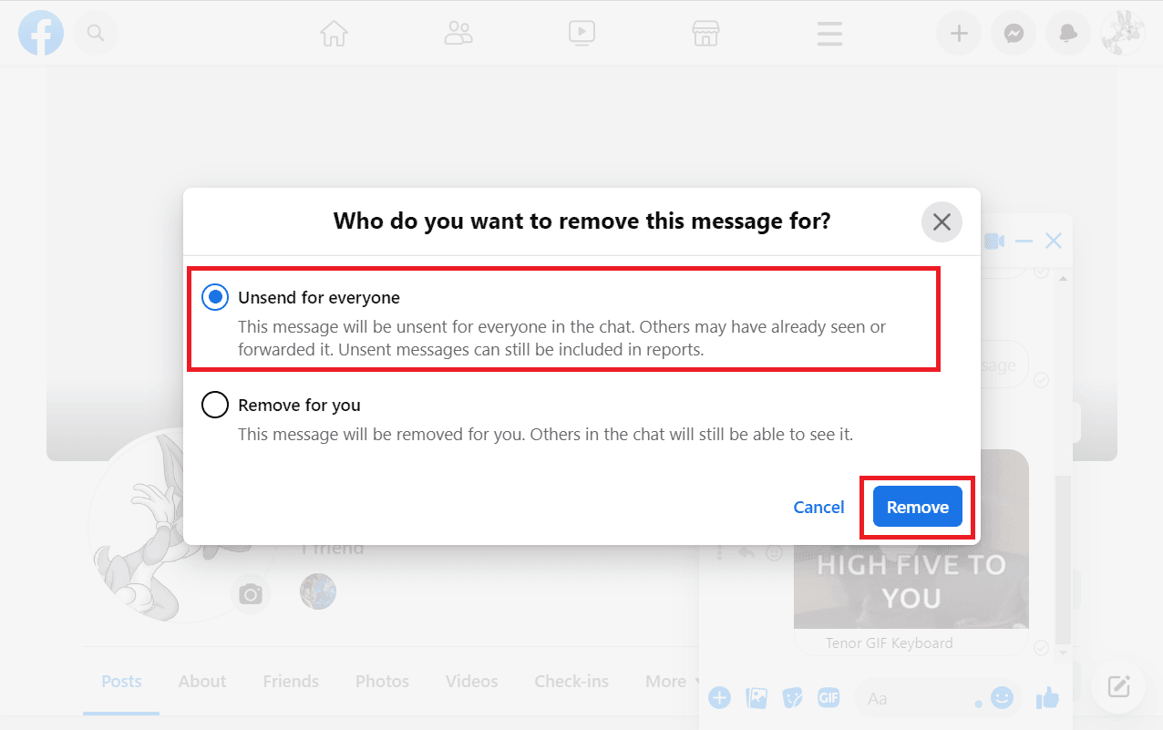 Escolha Unsend for everyone e clique em Remove no prompt | cancelar o envio de GIF no Messenger