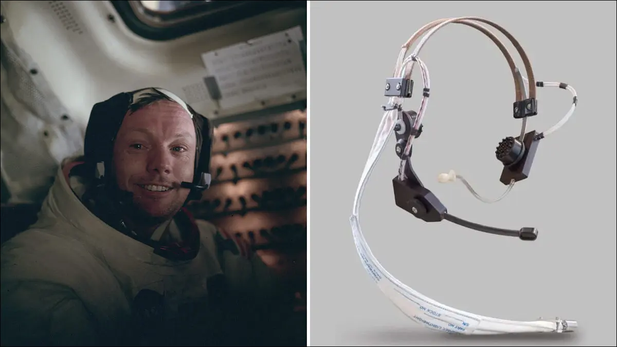 Foto Neil Armstrong dan headset nirkabel yang digunakan selama misi Apollo.