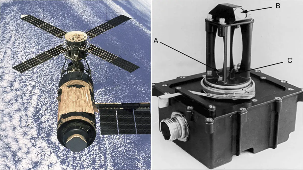 Une photographie montrant Skylab et un module détecteur de fumée.