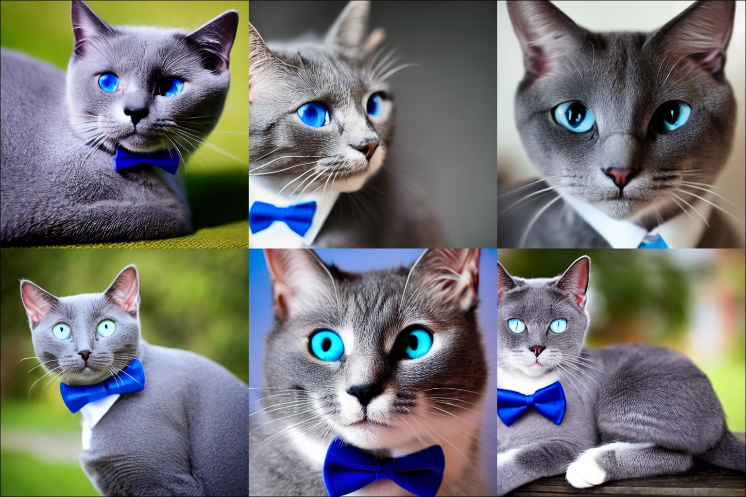 Un autre panneau de 6 images de sortie de Stable Diffusion utilisant l'invite "Cute grey cat with blue eyes, wearing a bowtie"