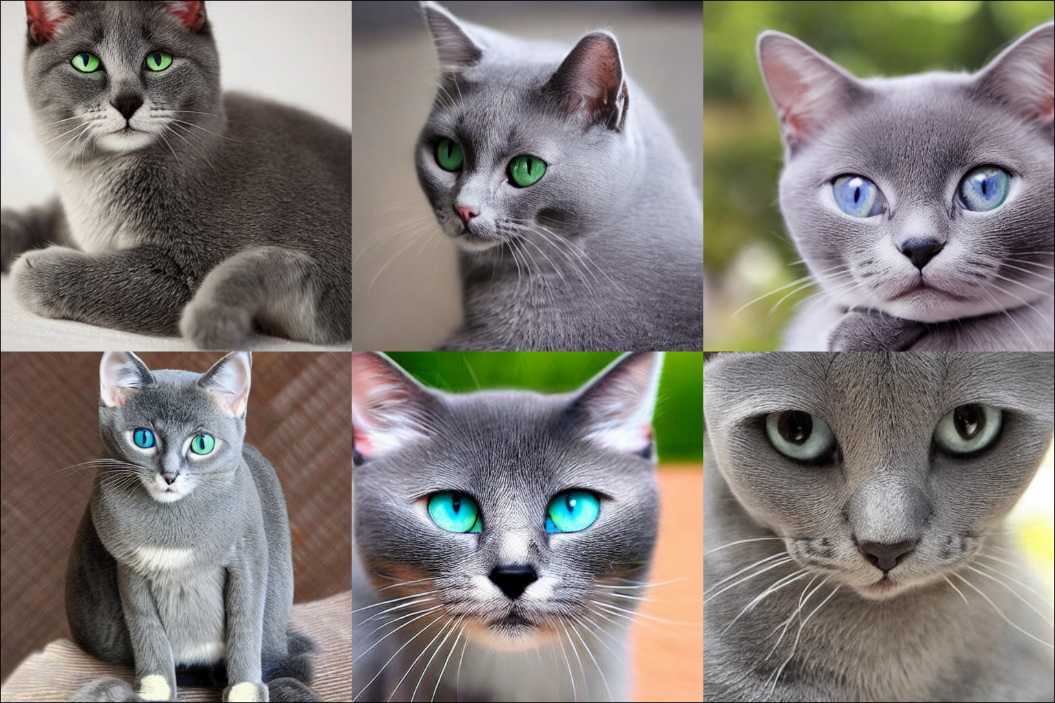 لوحة من 6 صور ناتجة من Stable Diffusion باستخدام موجه "Cute grey cat."