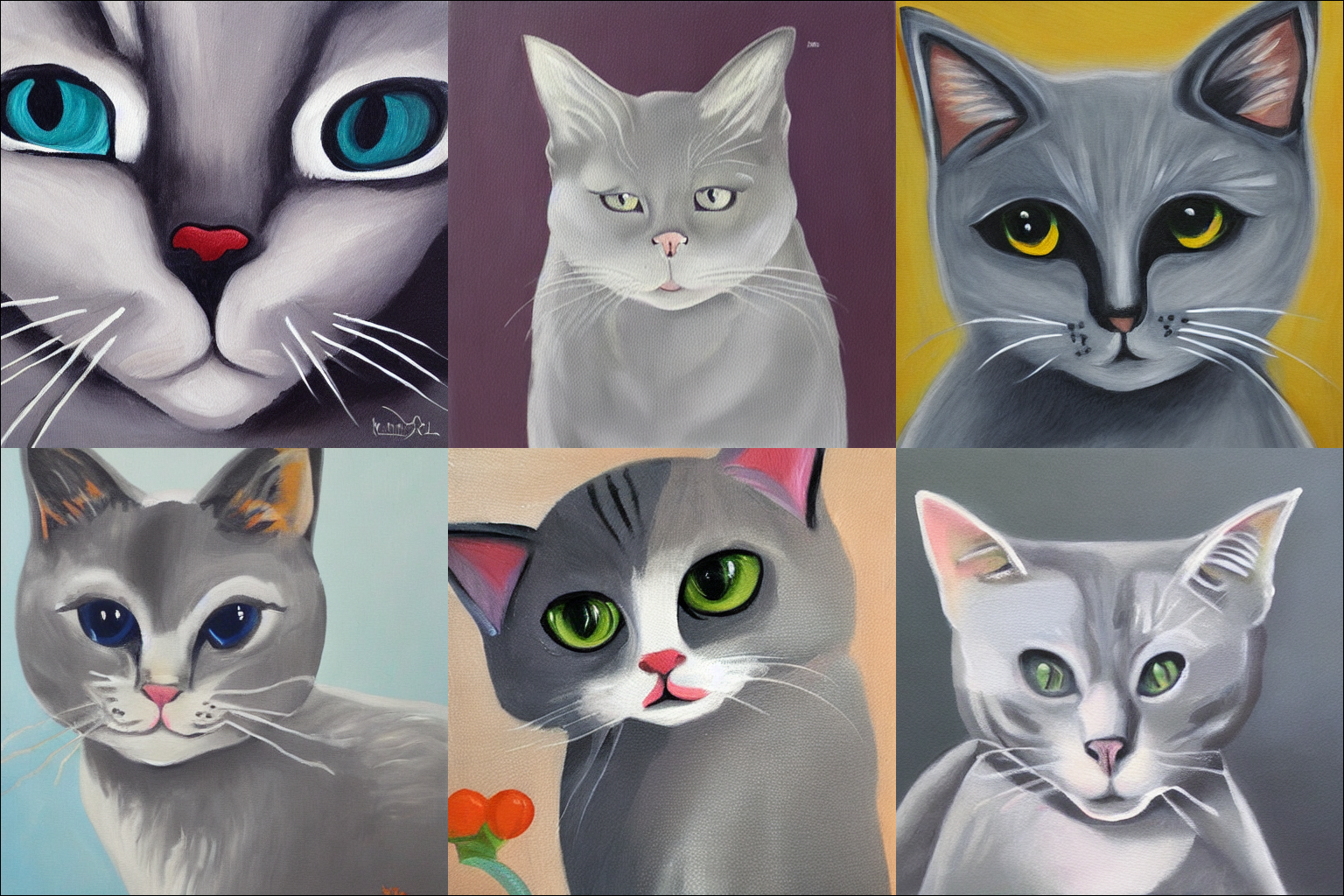 6 gatos cinzas da Stable Diffusion que parecem pinturas acrílicas.