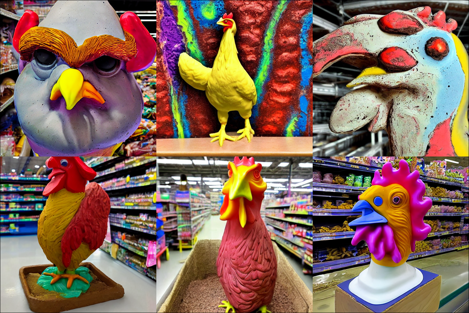 Une étrange sculpture en argile fondante d'un poulet dans un Walmart.